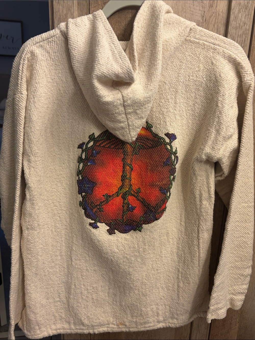 Cream Baja Molina Hoodie with Sunset Mushroom Peace back Graphic jrs small med - Picture 8 of 9